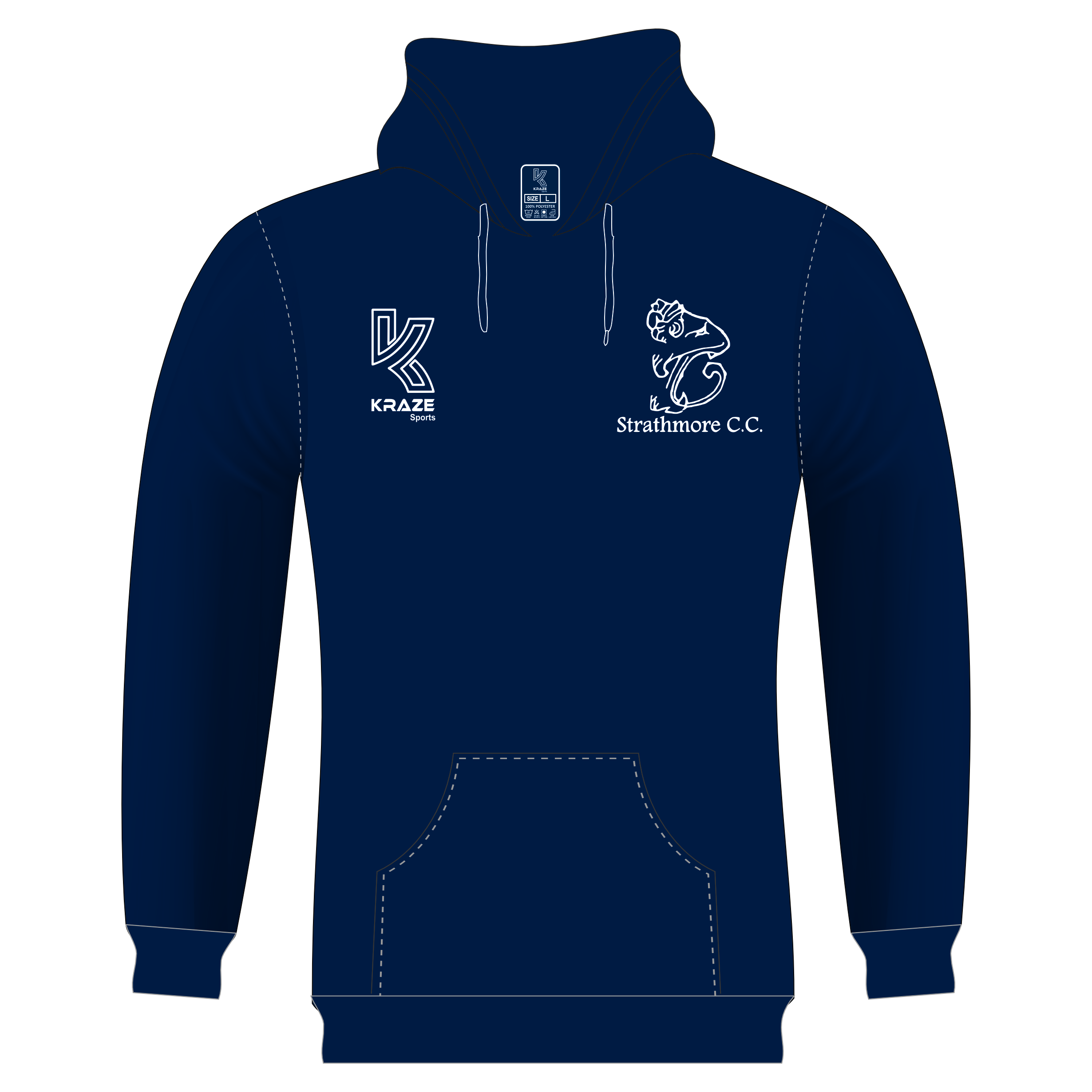 An Image of a blue hoodie with the kraze sports and strathmore cc logos